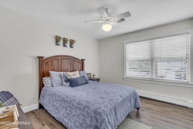 25 Glenview Rd, North Caldwell, NJ 07006 - bedroom with a baseboard heating unit, wood finished floors, ceiling fan, and baseboards
