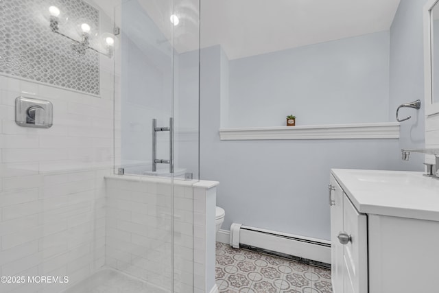 25 Glenview Rd, North Caldwell, NJ 07006 - bathroom with a baseboard heating unit, vanity, a shower stall, and toilet