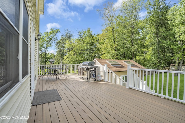 25 Glenview Rd, North Caldwell, NJ 07006 - wooden deck featuring outdoor dining space, a grill, and a yard