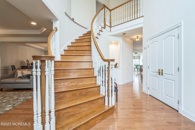 5 Duke Dr, Howell, NJ 07731 - staircase featuring ornamental molding, wood finished floors, and recessed lighting