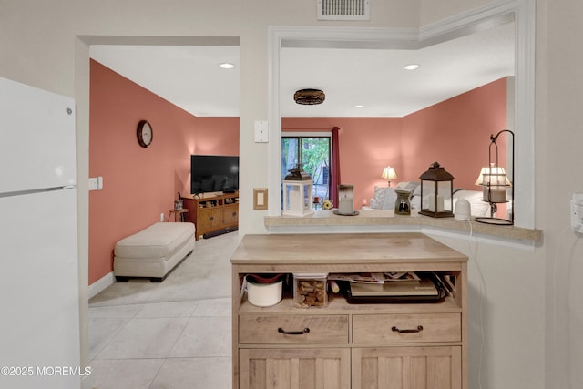 104 Deerfoot Way, Jackson, NJ 08527 - kitchen featuring freestanding refrigerator, recessed lighting, light colored carpet, light tile patterned floors, and light countertops