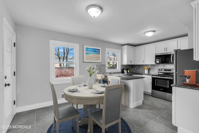 382 Dogwood Dr, Brick, NJ 08723 - kitchen featuring appliances with stainless steel finishes, tasteful backsplash, white cabinets, tile patterned floors, and baseboards