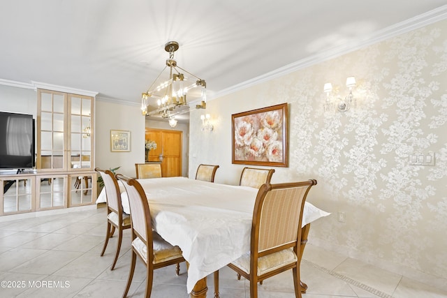 787 Ocean Ave Unit 1711, Long Branch, NJ 07740 - dining room with light tile patterned floors, ornamental molding, a chandelier, and baseboards