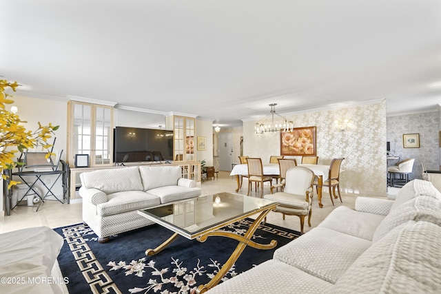787 Ocean Ave Unit 1711, Long Branch, NJ 07740 - living area with crown molding, wallpapered walls, and a chandelier