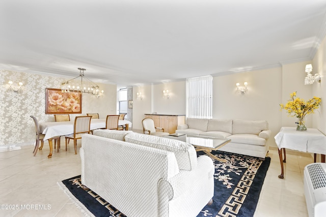 787 Ocean Ave Unit 1711, Long Branch, NJ 07740 - living room featuring ornamental molding, a chandelier, baseboards, light tile patterned flooring, and wallpapered walls
