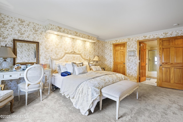 787 Ocean Ave Unit 1711, Long Branch, NJ 07740 - bedroom featuring wallpapered walls, light carpet, crown molding, and connected bathroom