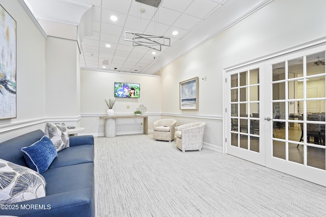787 Ocean Ave Unit 1711, Long Branch, NJ 07740 - carpeted living area featuring french doors, recessed lighting, a paneled ceiling, and baseboards