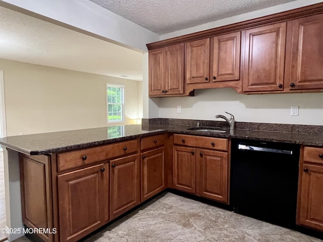 5 Lincoln Ct, Tinton Falls, NJ 07712 - kitchen featuring black dishwasher, a sink, a peninsula, brown cabinetry, and dark stone counters