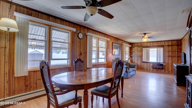 116 Hudson Ave, Hazlet, NJ 07734 - dining area with wood walls, ceiling fan, wood finished floors, and baseboard heating