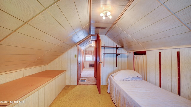 116 Hudson Ave, Hazlet, NJ 07734 - bedroom with wooden walls, light carpet, lofted ceiling, and wood ceiling