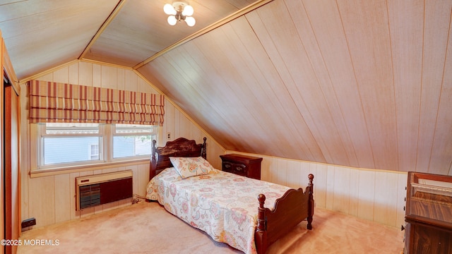 116 Hudson Ave, Hazlet, NJ 07734 - carpeted bedroom featuring wooden walls, lofted ceiling, and heating unit