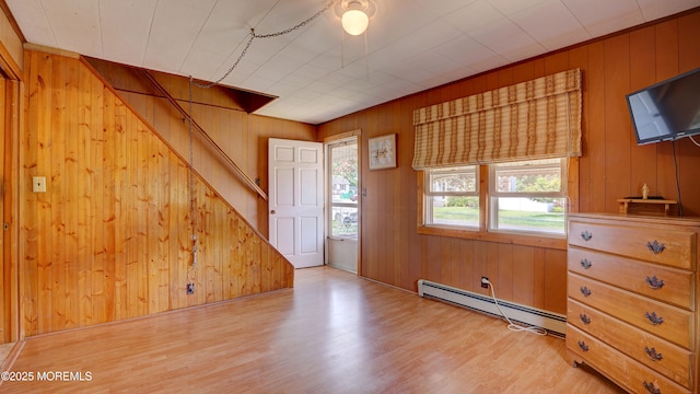 116 Hudson Ave, Hazlet, NJ 07734 - foyer featuring a baseboard heating unit, wooden walls, wood finished floors, and stairs