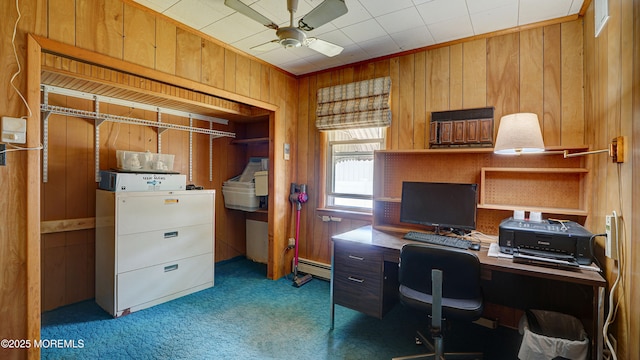 116 Hudson Ave, Hazlet, NJ 07734 - carpeted office space with wooden walls, baseboard heating, and a ceiling fan