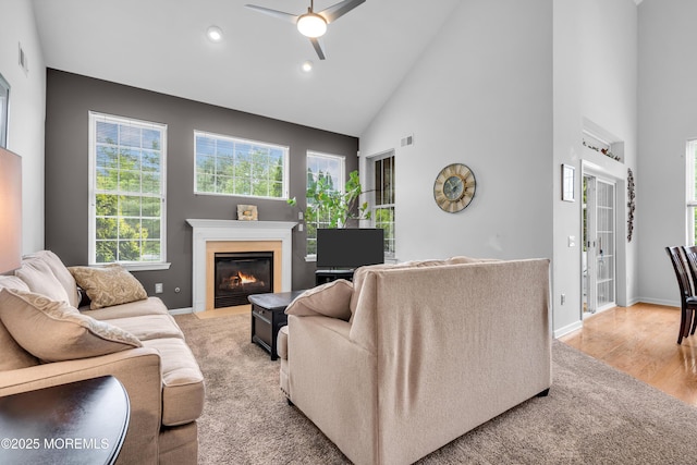 34 Shoal Rd, Jackson, NJ 08527 - living room with high vaulted ceiling, ceiling fan, baseboards, a glass covered fireplace, and recessed lighting