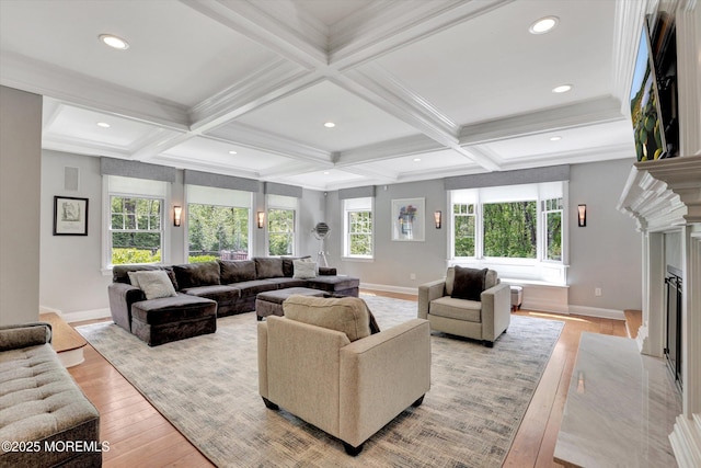 12 Wagon Way, Holmdel, NJ 07733 - living room featuring baseboards, a premium fireplace, light wood-style flooring, beamed ceiling, and coffered ceiling