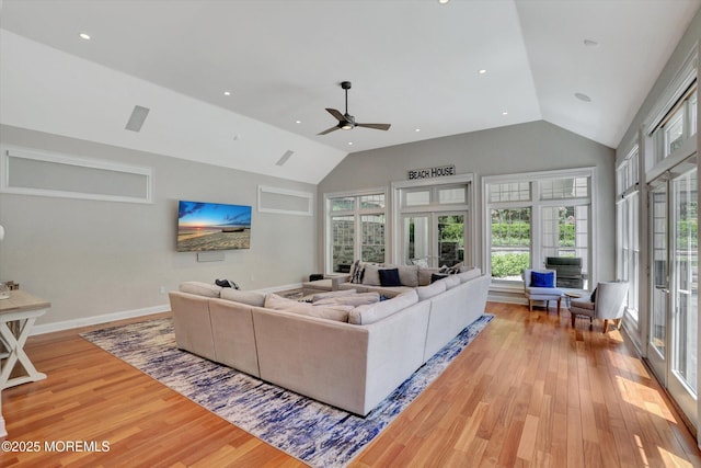12 Wagon Way, Holmdel, NJ 07733 - living area featuring vaulted ceiling, light wood-style flooring, a ceiling fan, baseboards, and recessed lighting