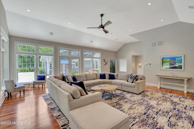 12 Wagon Way, Holmdel, NJ 07733 - living room with vaulted ceiling, ceiling fan, light wood-type flooring, baseboards, and recessed lighting