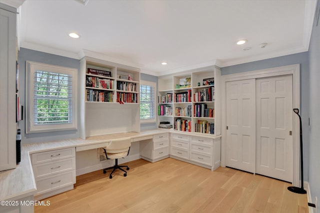 12 Wagon Way, Holmdel, NJ 07733 - office space featuring built in study area, crown molding, light wood-type flooring, recessed lighting, and baseboards