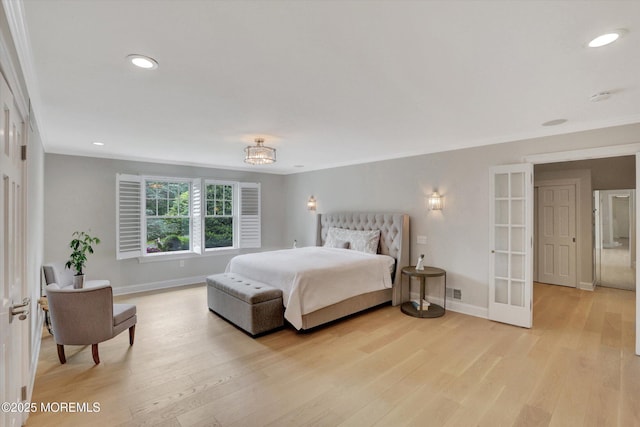 12 Wagon Way, Holmdel, NJ 07733 - bedroom with baseboards, ornamental molding, light wood-style flooring, french doors, and recessed lighting