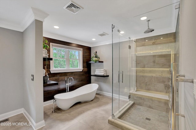 12 Wagon Way, Holmdel, NJ 07733 - bathroom with crown molding, a freestanding tub, a stall shower, baseboards, and recessed lighting