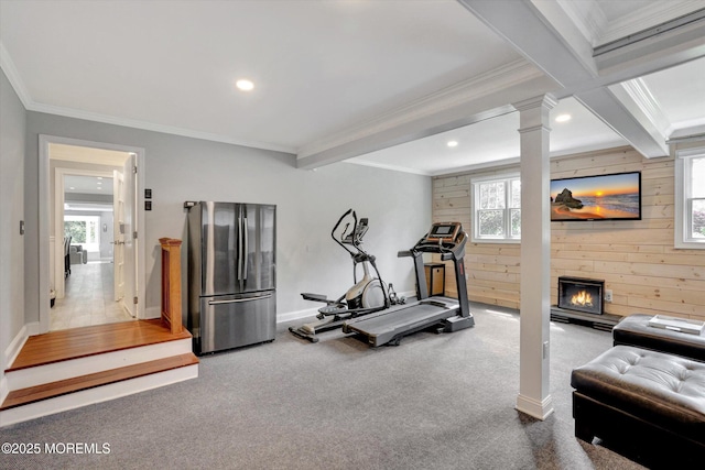 12 Wagon Way, Holmdel, NJ 07733 - exercise room with crown molding, recessed lighting, baseboards, carpet floors, and a glass covered fireplace