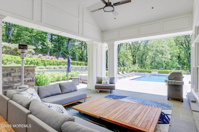 12 Wagon Way, Holmdel, NJ 07733 - view of patio / terrace featuring an outdoor hangout area, a grill, ceiling fan, view of scattered trees, and a pool with connected hot tub