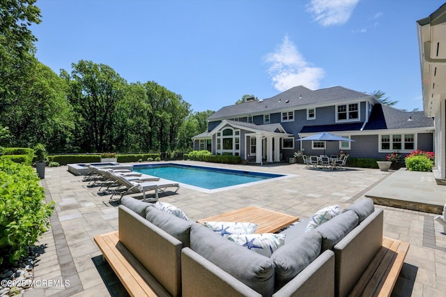 12 Wagon Way, Holmdel, NJ 07733 - outdoor pool with an outdoor living space, a patio, and outdoor dining space
