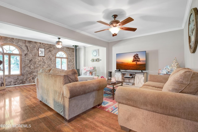 16 Markwood Dr, Howell, NJ 07731 - living area with hardwood / wood-style flooring, ornamental molding, and a ceiling fan