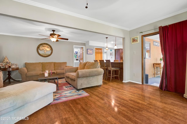 16 Markwood Dr, Howell, NJ 07731 - living area with wood finished floors, a ceiling fan, crown molding, and baseboards