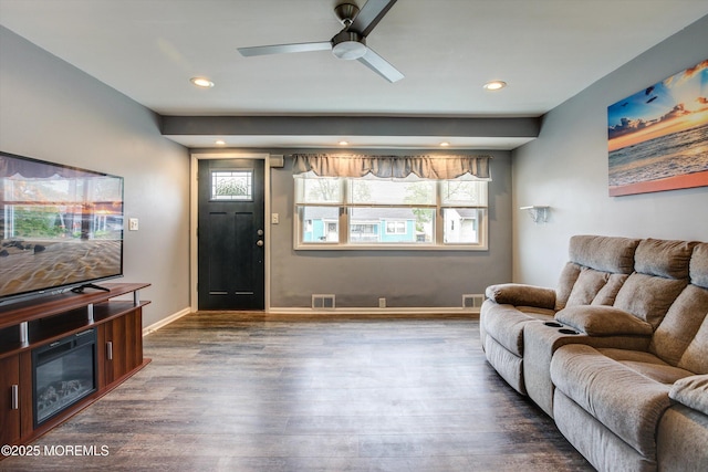 206 Arlington Ave, Union Beach, NJ 07735 - living room with dark wood-style floors, a ceiling fan, recessed lighting, and baseboards