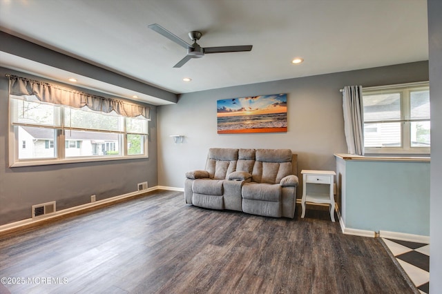 206 Arlington Ave, Union Beach, NJ 07735 - living room with a ceiling fan, dark wood-type flooring, recessed lighting, and baseboards