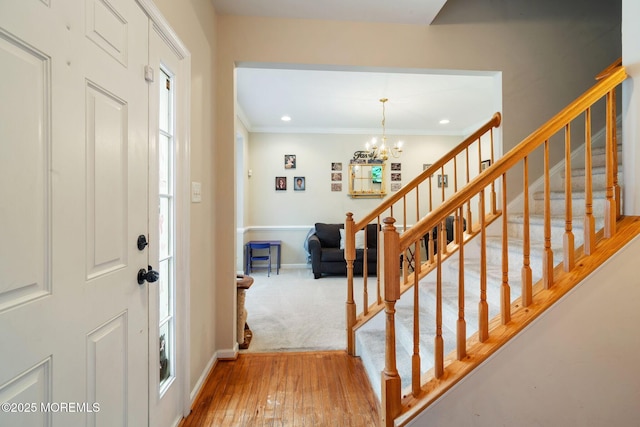 6 Foxmoor Ln, Bayville, NJ 08721 - entrance foyer featuring stairs, hardwood / wood-style floors, crown molding, a chandelier, and baseboards