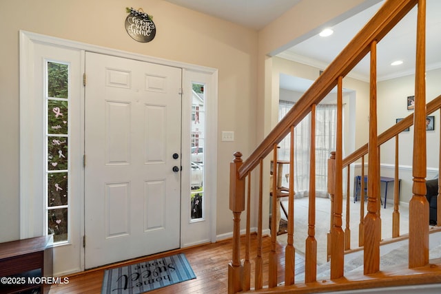 6 Foxmoor Ln, Bayville, NJ 08721 - entrance foyer with stairway, wood finished floors, baseboards, crown molding, and recessed lighting
