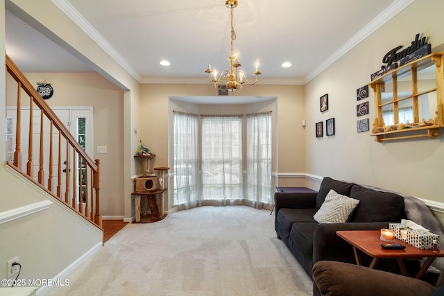 6 Foxmoor Ln, Bayville, NJ 08721 - carpeted living area with a chandelier, stairs, ornamental molding, baseboards, and recessed lighting