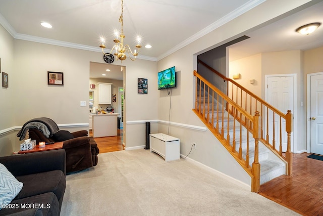 6 Foxmoor Ln, Bayville, NJ 08721 - living room featuring stairs, crown molding, a chandelier, recessed lighting, and baseboards