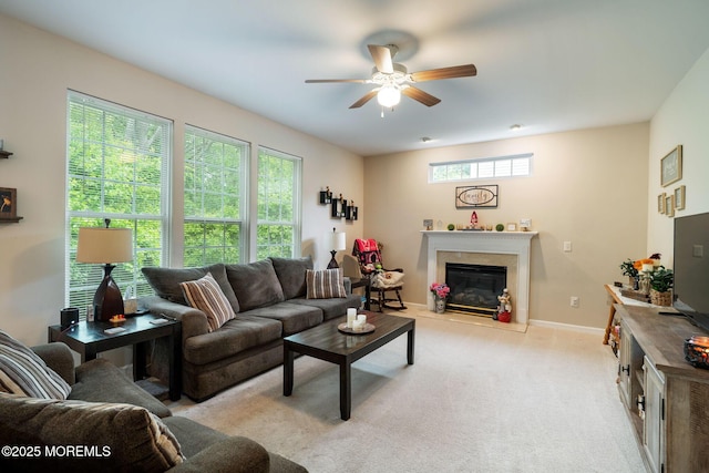6 Foxmoor Ln, Bayville, NJ 08721 - living room with ceiling fan, a premium fireplace, plenty of natural light, and light colored carpet