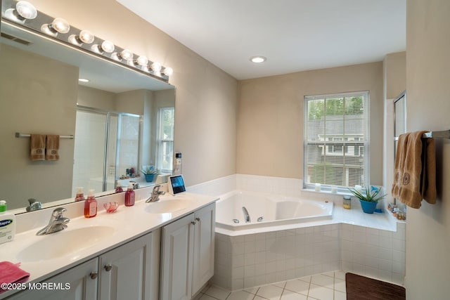 6 Foxmoor Ln, Bayville, NJ 08721 - full bath with a jetted tub, double vanity, a shower stall, tile patterned flooring, and recessed lighting