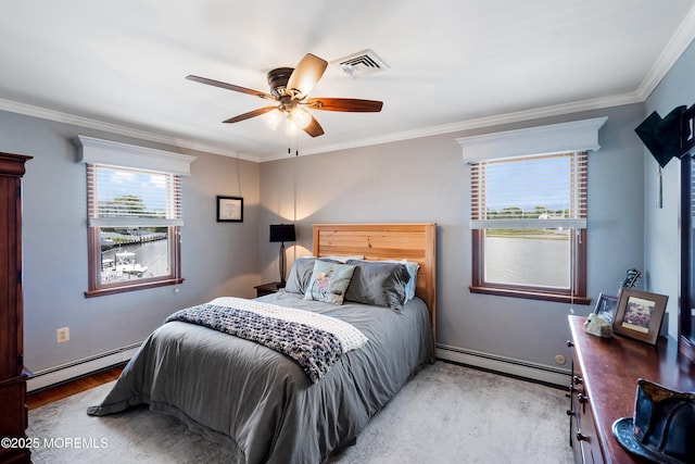 660 Fairview Ln, Forked River, NJ 08731 - bedroom with a baseboard radiator, crown molding, wood finished floors, and ceiling fan