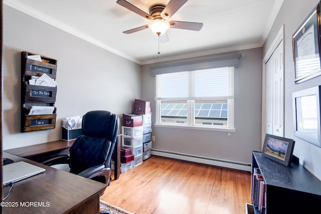 660 Fairview Ln, Forked River, NJ 08731 - office space with baseboard heating, ceiling fan, wood finished floors, and ornamental molding
