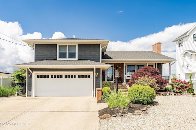 660 Fairview Ln, Forked River, NJ 08731 - view of front of house featuring concrete driveway, a garage, a chimney, and roof with shingles