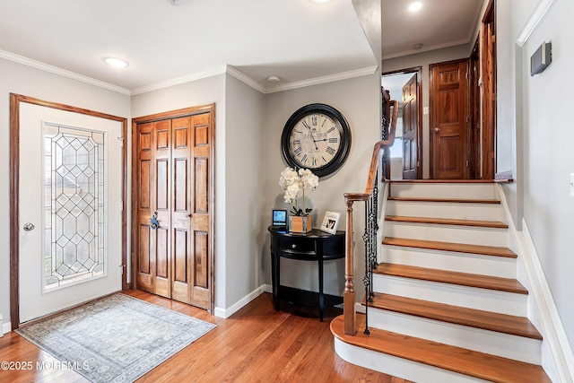 660 Fairview Ln, Forked River, NJ 08731 - entrance foyer with wood finished floors, stairway, ornamental molding, baseboards, and recessed lighting