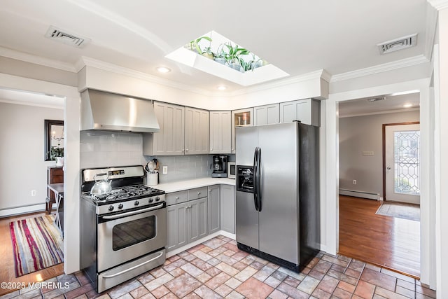 660 Fairview Ln, Forked River, NJ 08731 - kitchen with stainless steel appliances, gray cabinetry, exhaust hood, a baseboard heating unit, and a skylight