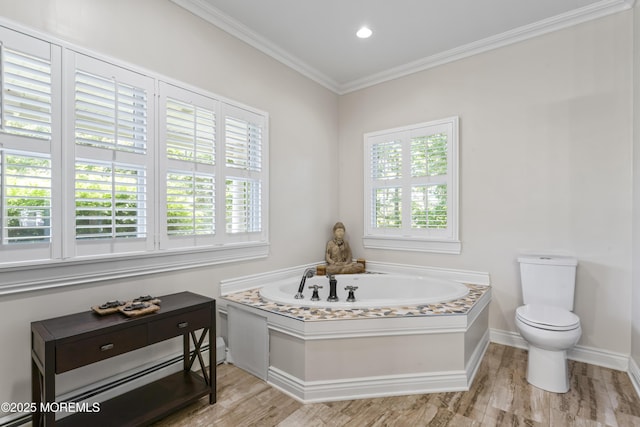 274 Beachview Ave, Manahawkin, NJ 08050 - bathroom featuring baseboard heating, healthy amount of natural light, a bath, toilet, and ornamental molding