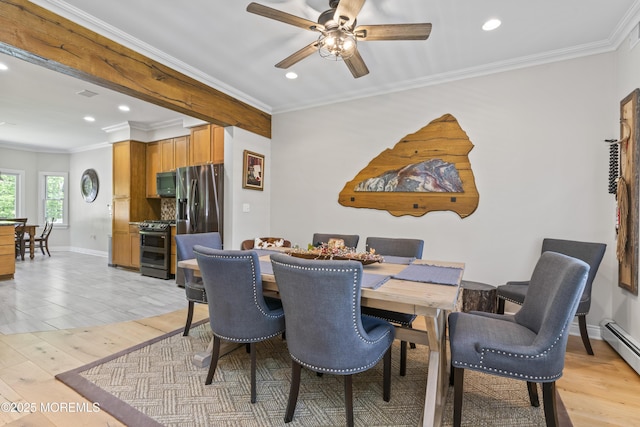 274 Beachview Ave, Manahawkin, NJ 08050 - dining room with recessed lighting, baseboard heating, light wood-style flooring, a ceiling fan, and crown molding