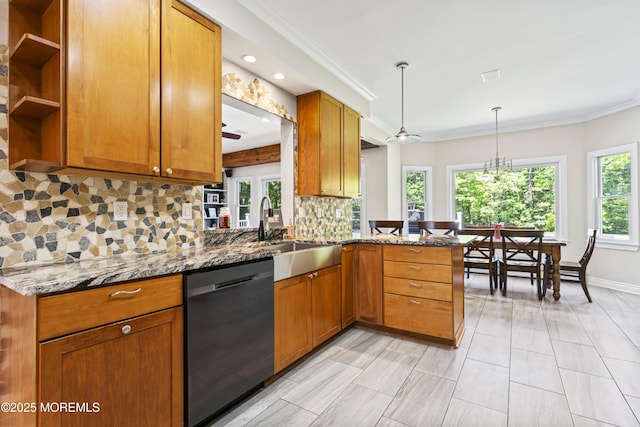 274 Beachview Ave, Manahawkin, NJ 08050 - kitchen with dishwasher, a sink, tasteful backsplash, light stone countertops, and crown molding