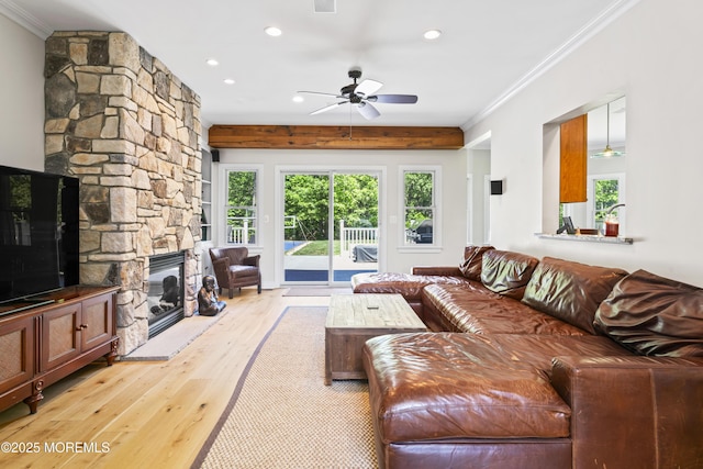 274 Beachview Ave, Manahawkin, NJ 08050 - living room featuring a ceiling fan, ornamental molding, light wood-style floors, recessed lighting, and a fireplace