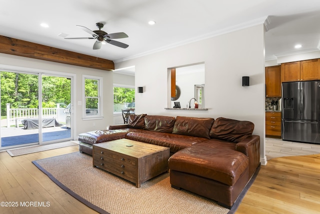 274 Beachview Ave, Manahawkin, NJ 08050 - living area with crown molding, light wood finished floors, ceiling fan, and recessed lighting