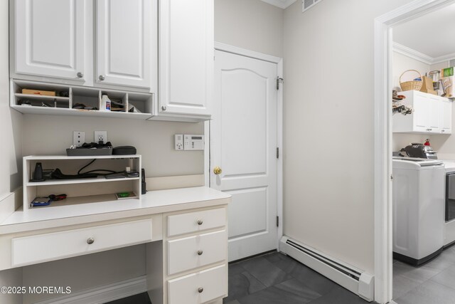 274 Beachview Ave, Manahawkin, NJ 08050 - office area featuring a baseboard heating unit, washer and clothes dryer, built in study area, and crown molding