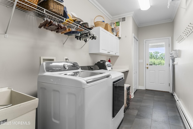 274 Beachview Ave, Manahawkin, NJ 08050 - washroom featuring a baseboard heating unit, washer and clothes dryer, cabinet space, crown molding, and baseboards