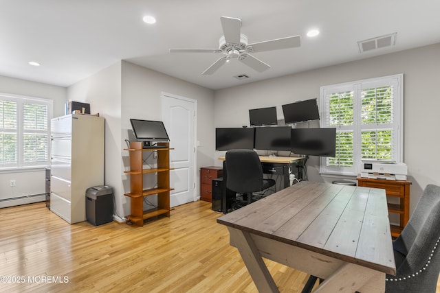 274 Beachview Ave, Manahawkin, NJ 08050 - home office featuring light wood-style flooring, a ceiling fan, baseboard heating, and recessed lighting